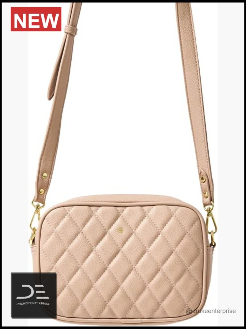 Quilted Vegan Leather Crossbody Bag with Gold Hardware, Adjustable Strap